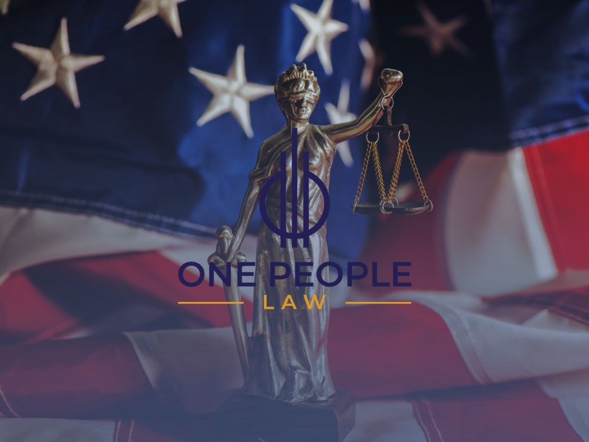 American flag with statue of Lady Justice with One People Law logo over it